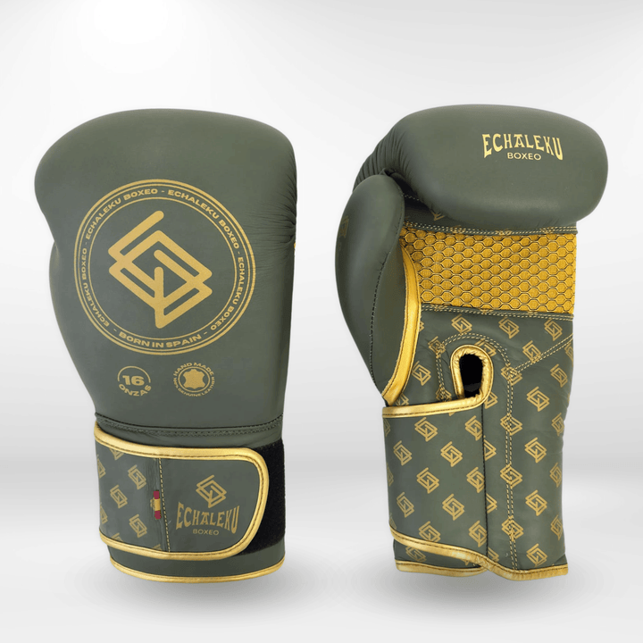 GUANTES PREMIUM ENTRENAMIENTO BOXEO AMATEUR: Military. Verde Militar y Dorado (V4.0) - Echaleku Boxeo