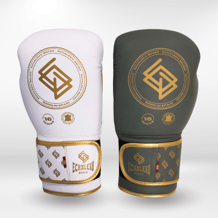 Handmix. GUANTES PREMIUM ENTRENAMIENTO BOXEO AMATEUR: Verde Militar/Blanco + Dorado (V4.0) - Echaleku Boxeo