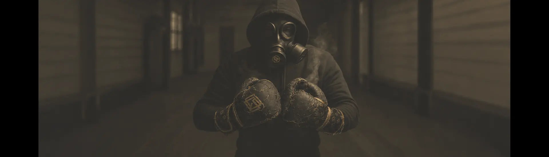 Boxeador con mascarilla sosteniendo unos guantes de boxeo deteriorados