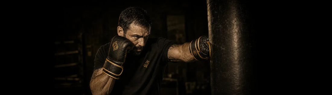 Boxeador golpeando el saco con guantillas de peso regulable