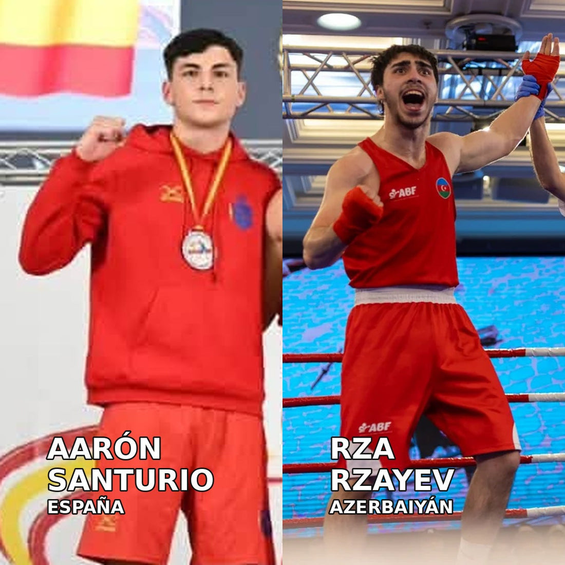 Composición de archivo de Aarón Santurio (España), en el BOXAM 2026, y Rza Rzayev (Azerbaiyán), en Budva en marzo de 2026.