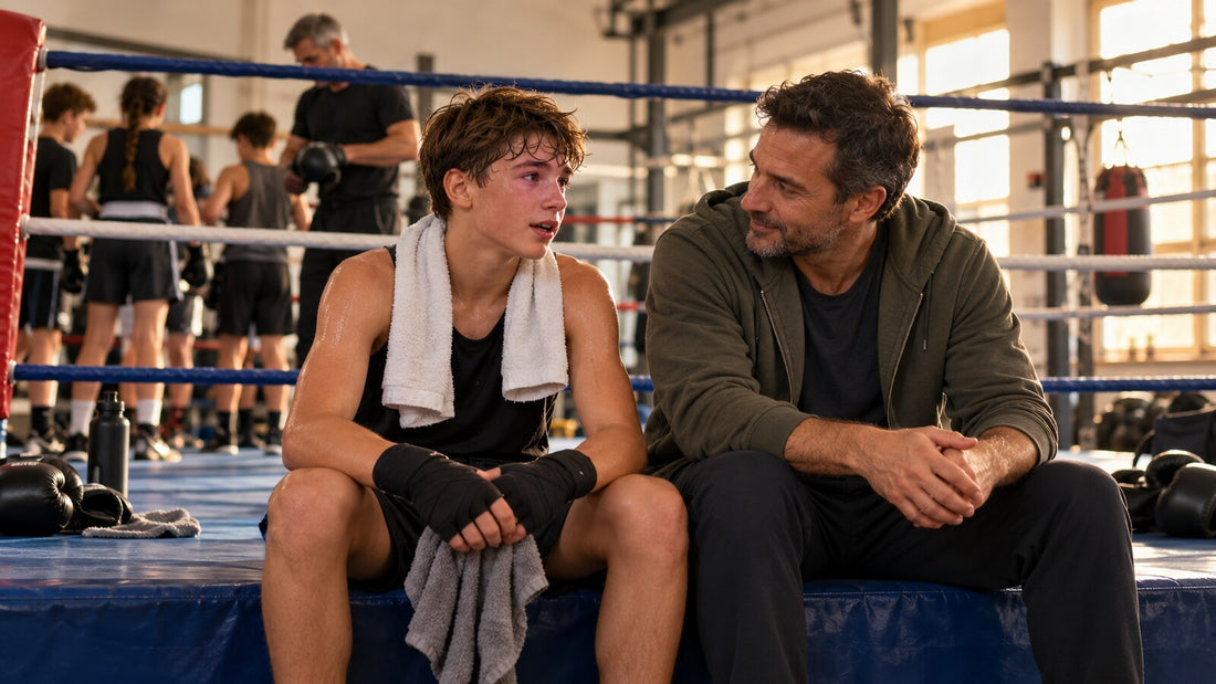 Padre escucha a un boxeador adolescente al terminar una sesión mientras el entrenador permanece al fondo
