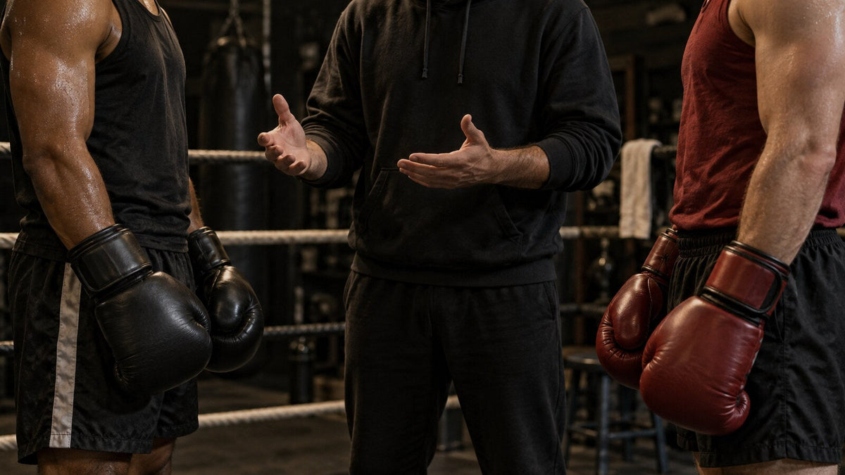 Entrenador conversando con dos boxeadores antes del sparring; ilustración conceptual