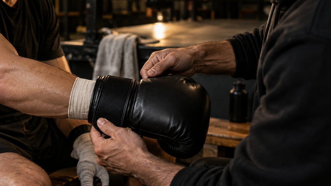 Entrenador comprueba el ajuste de la muñeca de un guante de boxeo sobre una mano vendada