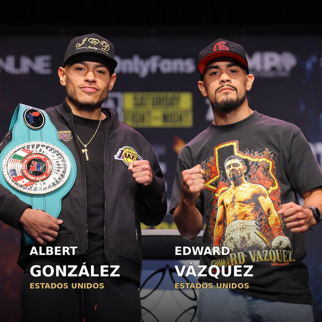 Albert González, a la izquierda con el cinturón NABF, y Edward Vázquez posan en la presentación de su combate en San Antonio, el 22 de octubre de 2026.
