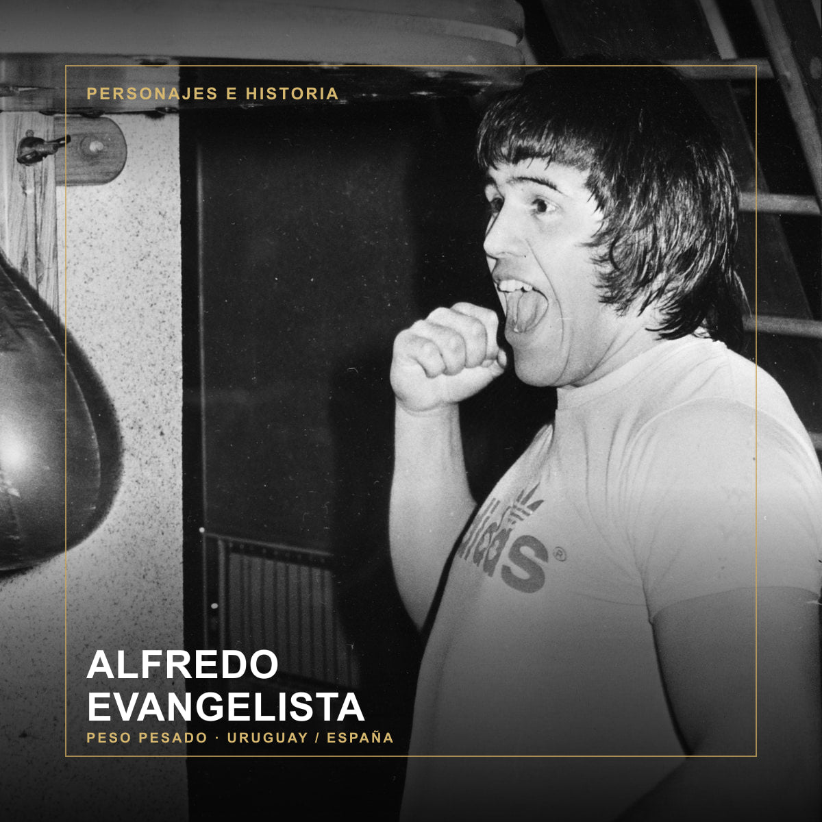 Alfredo Evangelista entrena con un saco en 1977, retratado en primer plano