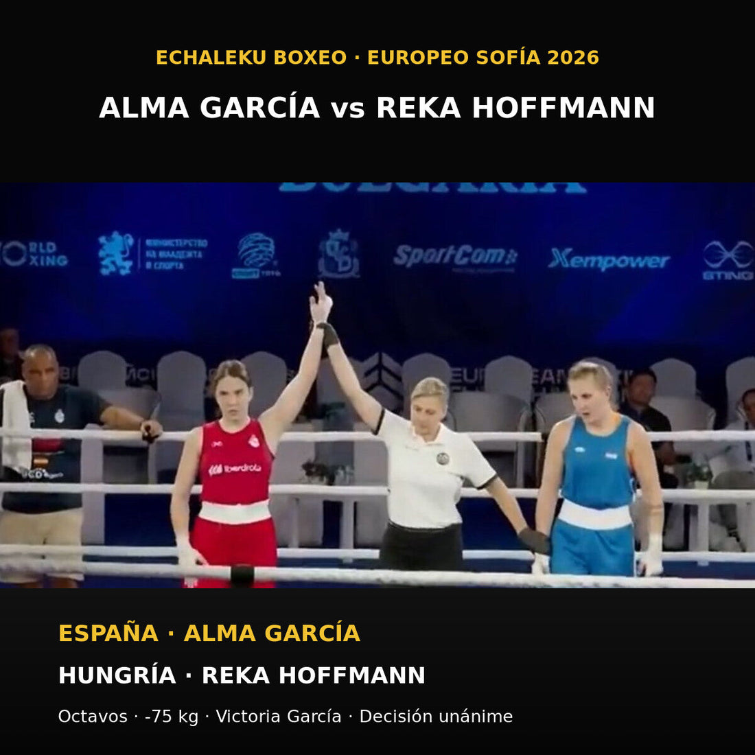 Alma García y Reka Hoffmann tras su combate de 75 kg en el Europeo de boxeo de Sofía 2026