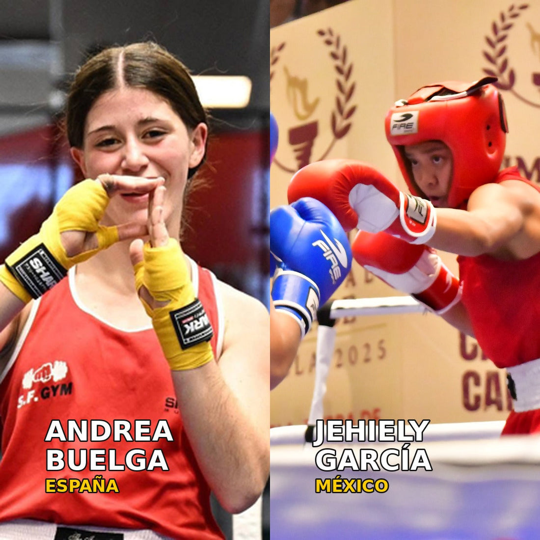 Composición de fotografías de archivo de Andrea Buelga, con camiseta roja y vendas amarillas, y Jehiely García, con casco y guantes rojos en la Olimpiada Nacional CONADE de 2025.