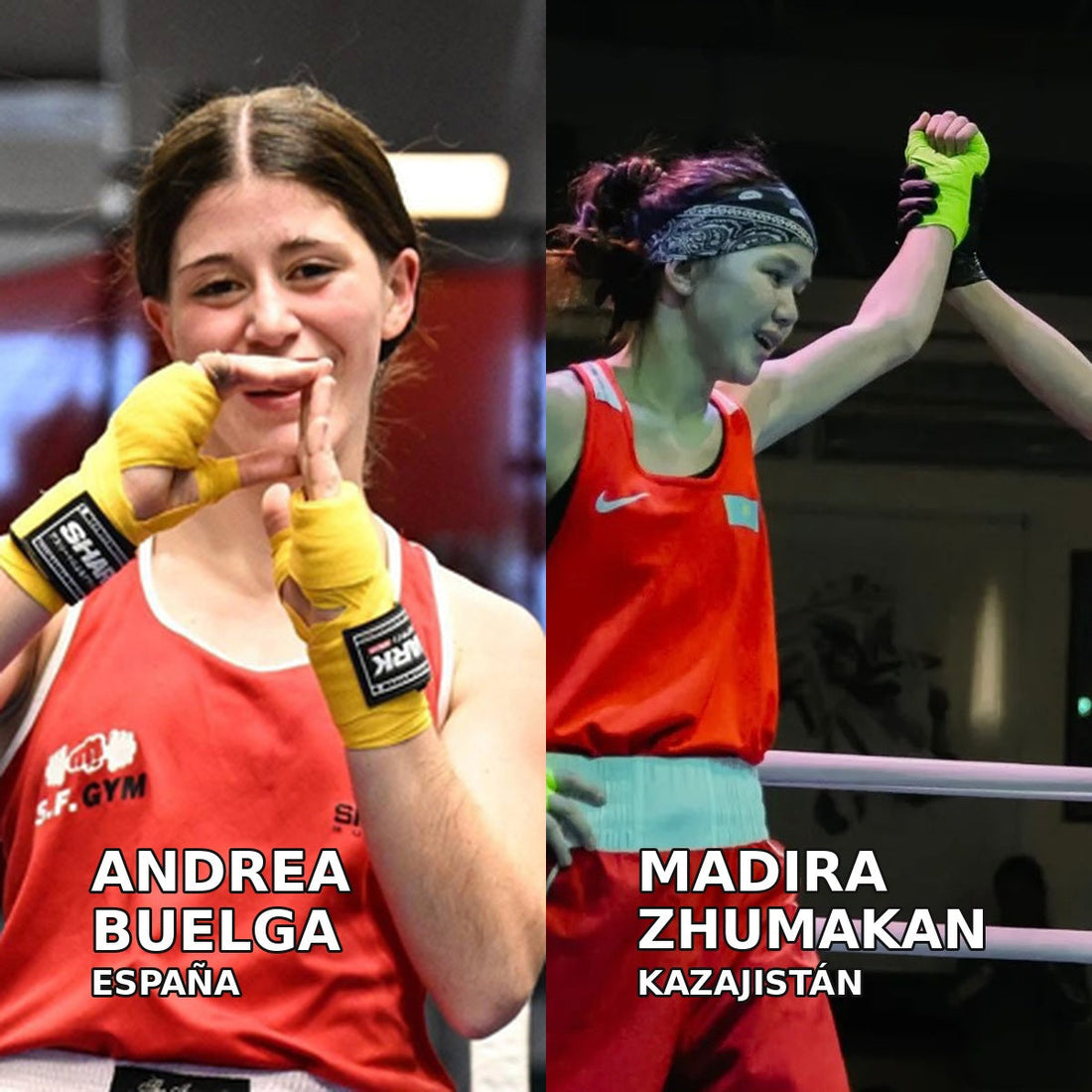Composición de fotografías de archivo de Andrea Buelga (España), con camiseta roja y vendas amarillas, y Madira Zhumakan (Kazajistán), con la mano alzada en una imagen publicada por el Comité Olímpico kazajo en julio de 2026.