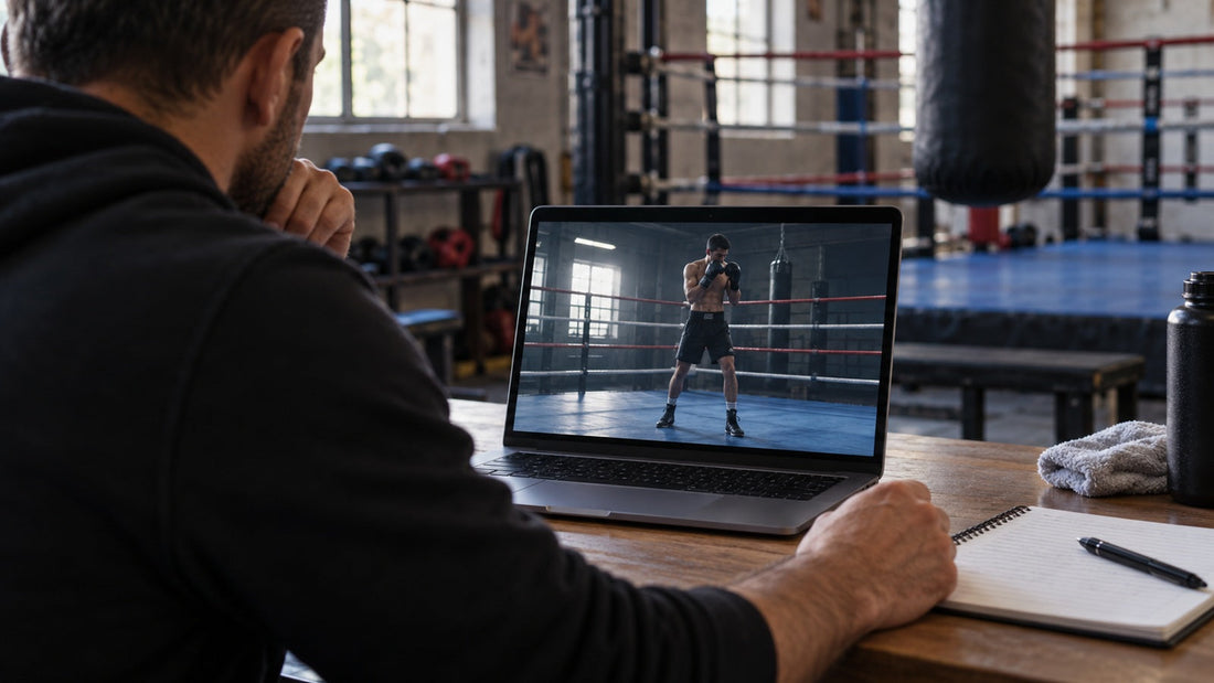 Entrenador observa en un portátil a un boxeador en guardia dentro de un gimnasio; ilustración conceptual.