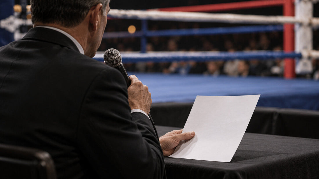Anunciador ficticio junto al ring comprueba una hoja mientras sostiene el micrófono