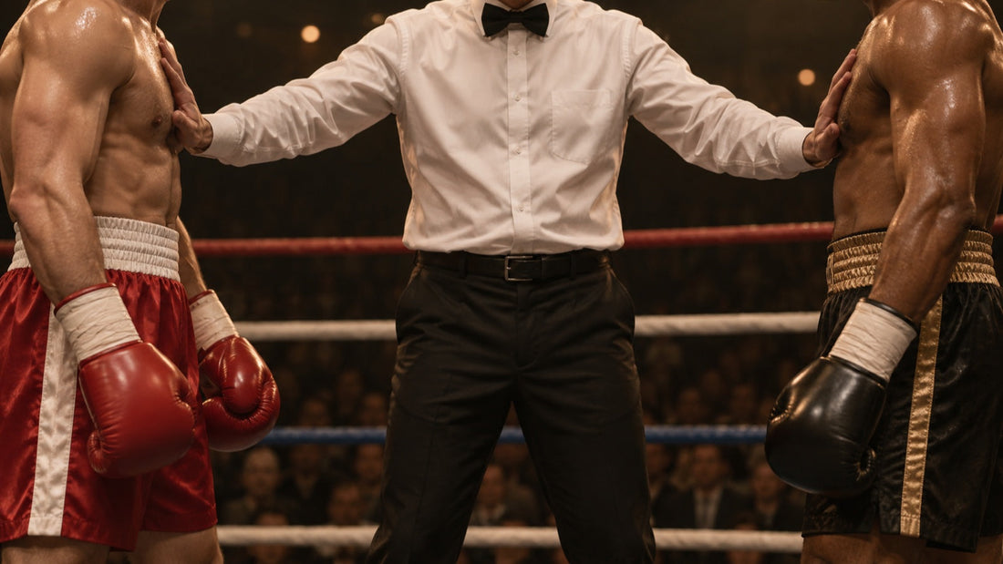 Árbitro separando a dos boxeadores durante un combate en el ring