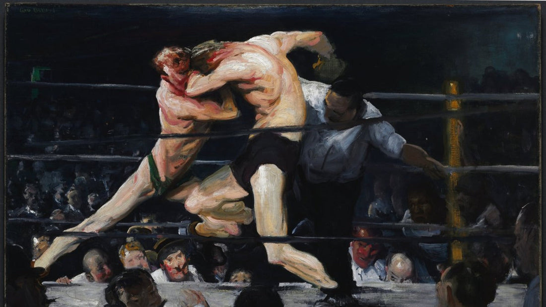 Detalle del óleo Stag at Sharkey’s de George Bellows, con dos boxeadores y público alrededor del ring