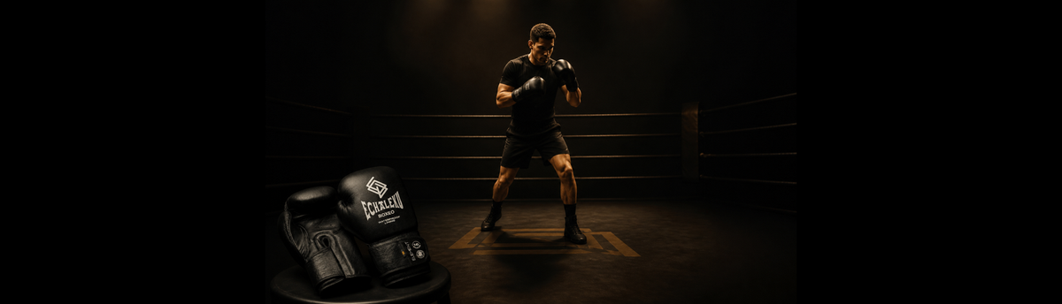 Boxeador entrenando en un ring junto a guantes Echaleku Boxeo