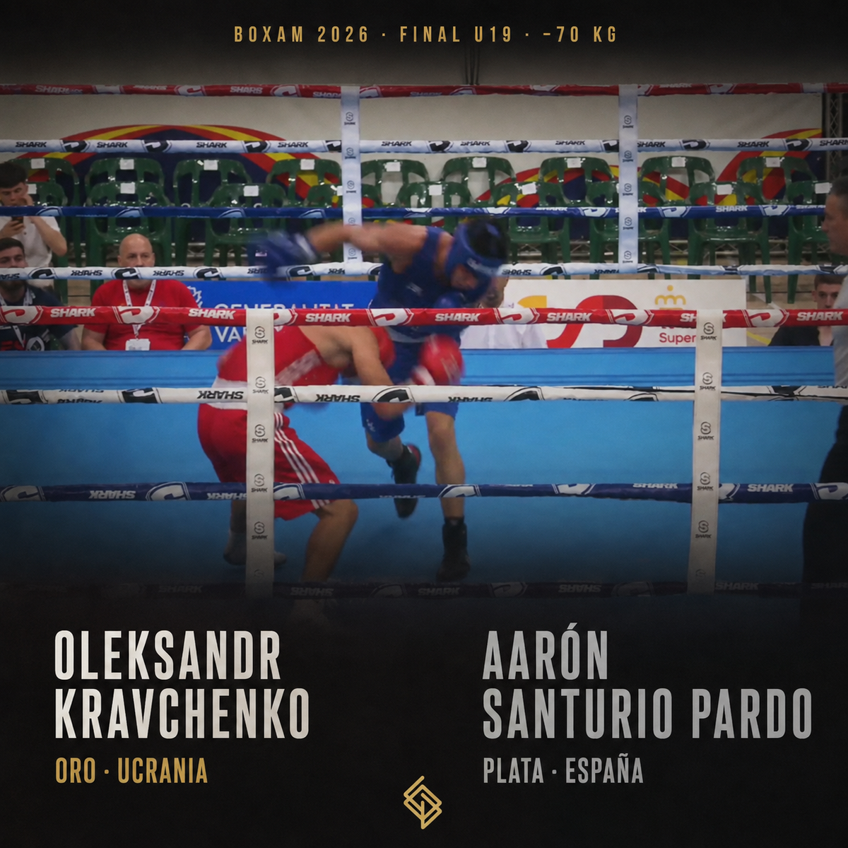 Oleksandr Kravchenko, oro, y Aarón Santurio, plata, en la final U19 de -70 kg del BOXAM 2026