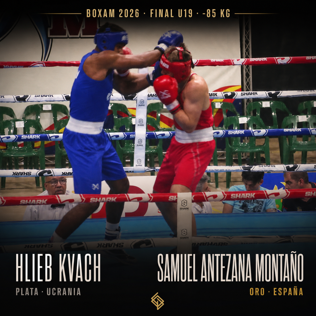Hlieb Kvach, plata, y Samuel Antezana, oro, en la final U19 de -85 kg del BOXAM 2026