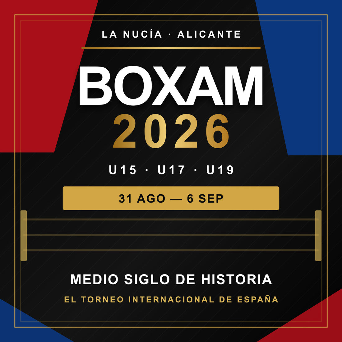 Cartel editorial del BOXAM 2026 U15, U17 y U19 en La Nucía, del 31 de agosto al 6 de septiembre