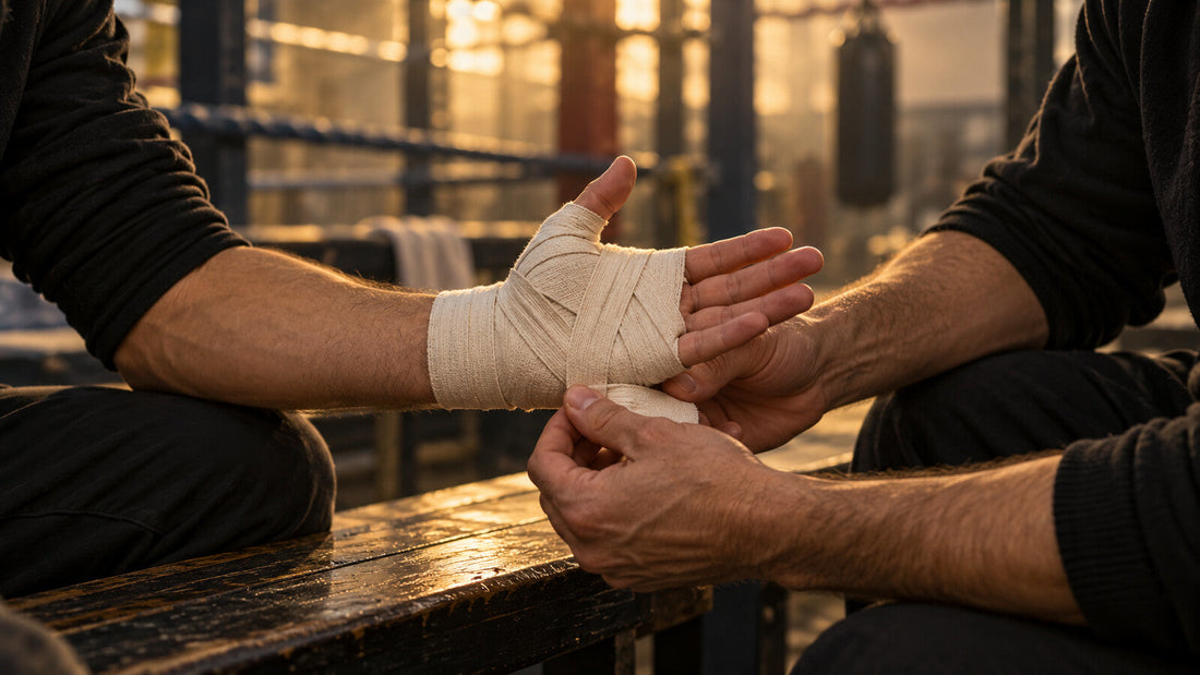 Escena conceptual de un compañero ayudando a otro a colocar una venda de boxeo; solo se ven manos y antebrazos.