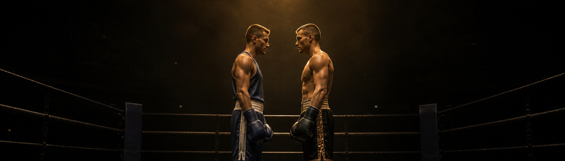 Representación de un boxeador amateur y otro profesional frente a frente en el ring