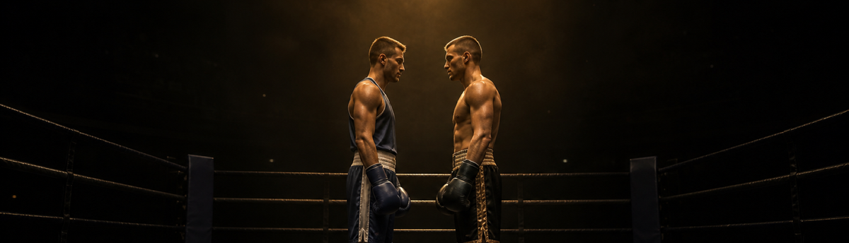 Representación de un boxeador amateur y otro profesional frente a frente en el ring