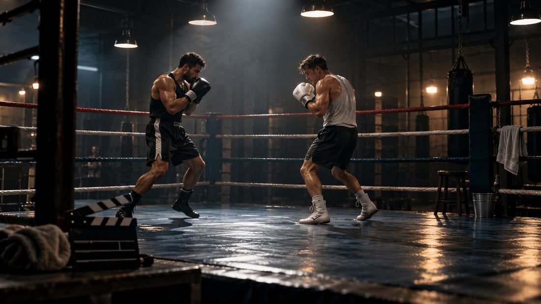 Dos boxeadores practican desplazamientos en un ring mientras una claqueta de cine queda fuera de las cuerdas