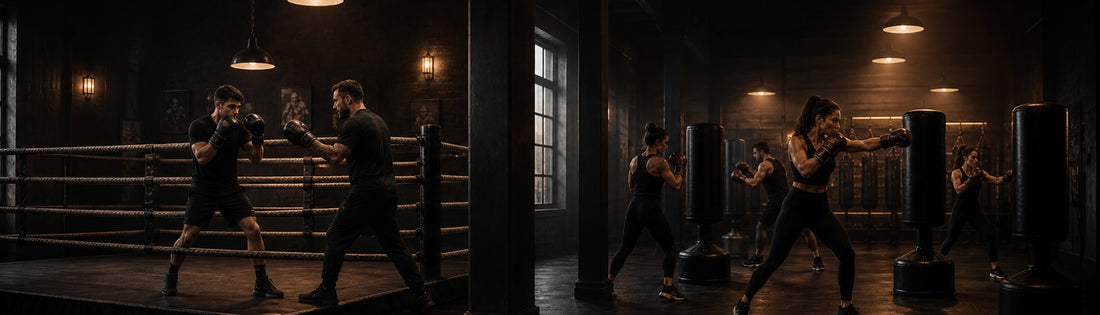 Entrenamiento de boxeo en ring y sesión de fitboxing con sacos