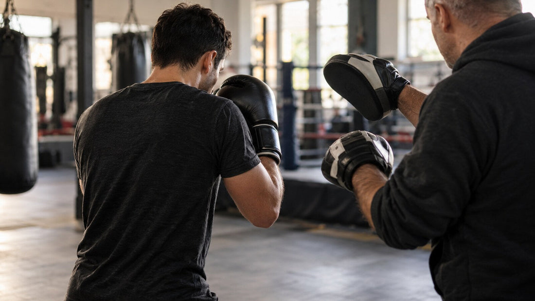 Entrenador corrige la guardia de un boxeador principiante durante una sesión con manoplas