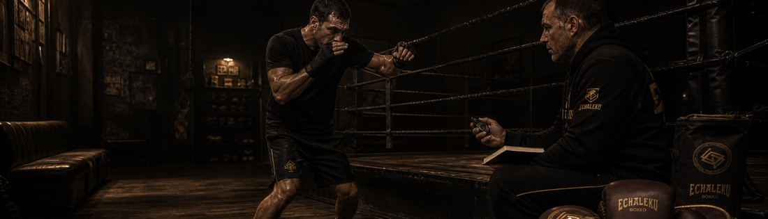 Boxeador trabajando técnica y estrategia bajo la supervisión de su entrenador