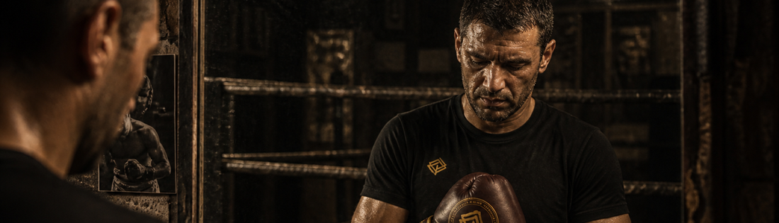 Boxeador reflexionando frente al espejo después del entrenamiento