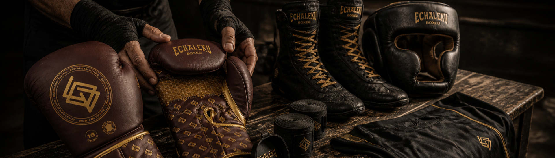 Guantes, vendas, botas y casco Echaleku preparados junto al ring
