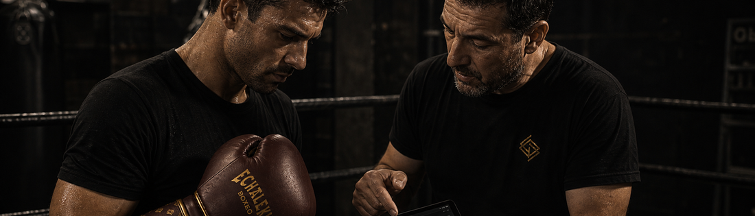 Boxeador y entrenador revisando datos de entrenamiento con equipamiento Echaleku