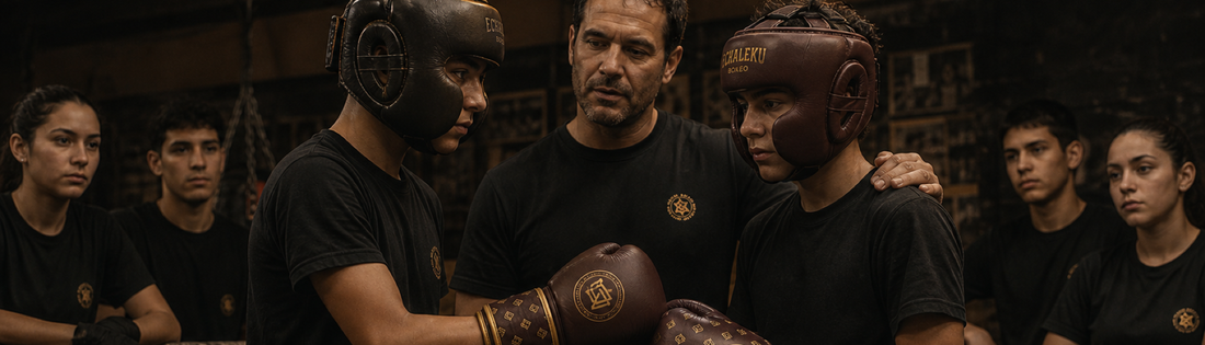 Jóvenes boxeadores con casco y guantes mostrando respeto tras una sesión técnica