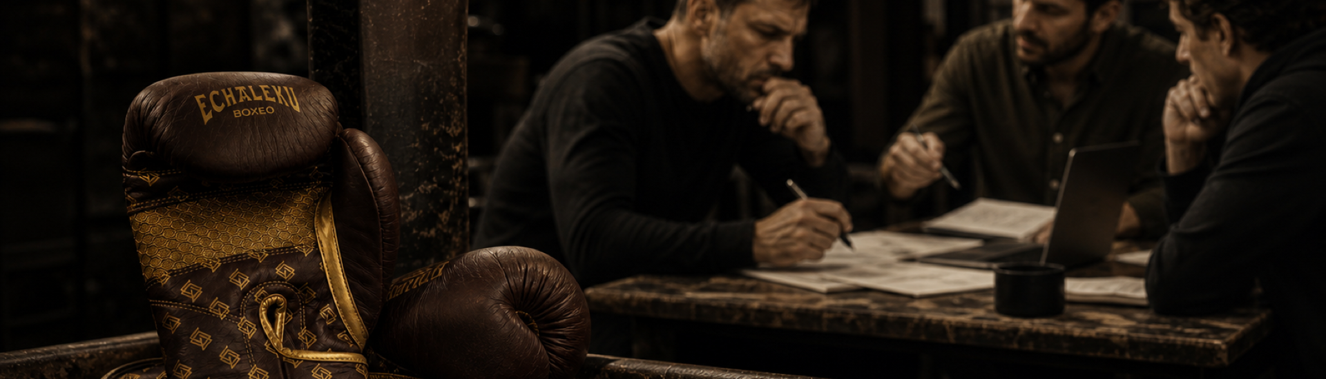 Guantes junto al ring y un equipo trabajando en una reunión estratégica