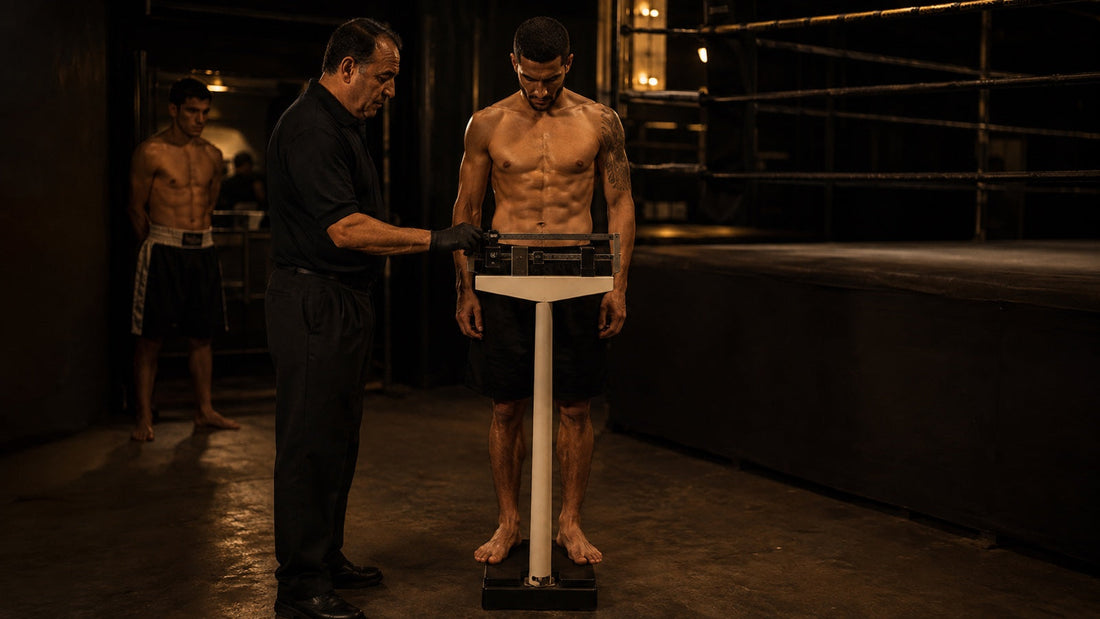 Boxeador sobre una báscula durante un pesaje profesional junto al oficial