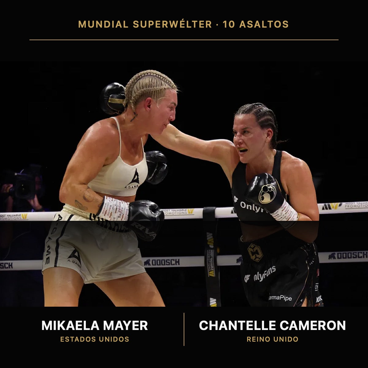 Mikaela Mayer y Chantelle Cameron durante su combate de unificación mundial del peso superwélter en Birmingham