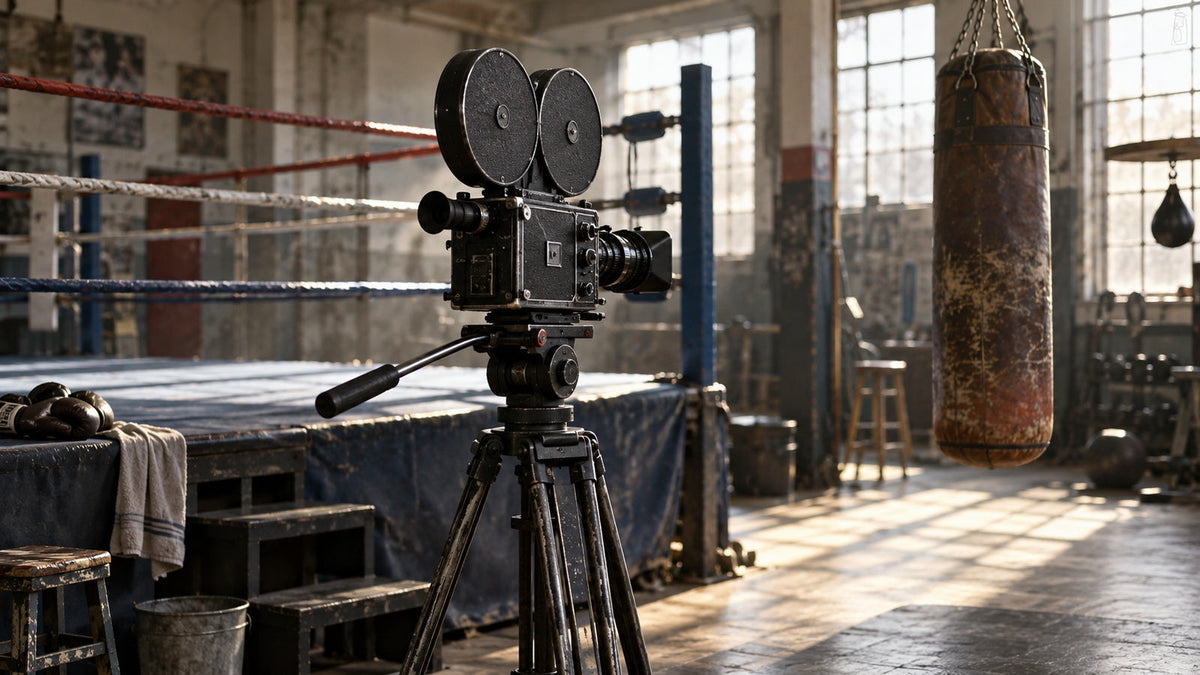 Imagen conceptual de una cámara de cine sobre trípode junto a un ring vacío; no es un fotograma de Boxing Gym ni su lugar de rodaje.