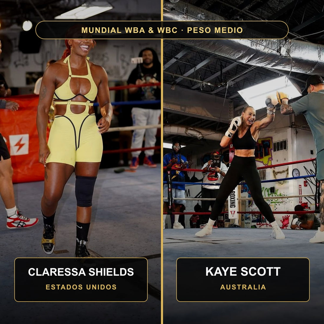 Claressa Shields y Kaye Scott durante el entrenamiento previo a su combate por los títulos mundiales WBA y WBC del peso medio