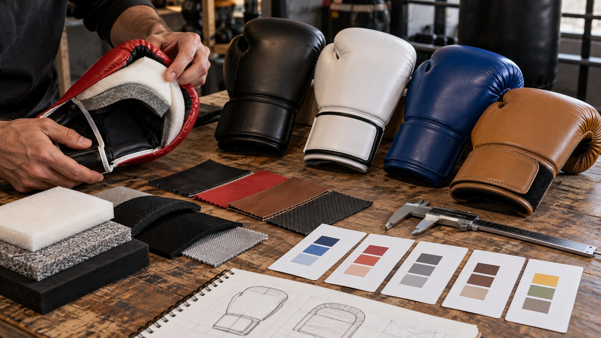 Guantes genéricos, materiales y herramientas dispuestos para comparar criterios más allá de las onzas.