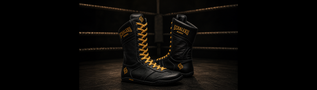 Botas de boxeo Merino negras y doradas Echaleku Boxeo fabricadas en España