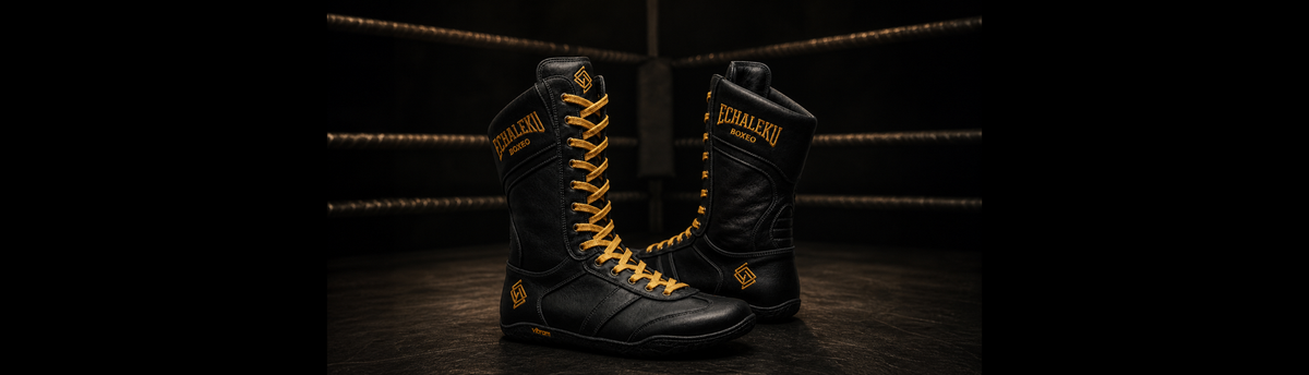 Botas de boxeo Merino negras y doradas Echaleku Boxeo fabricadas en España