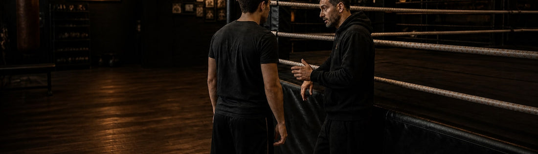 Entrenador orientando a un alumno junto al ring de un gimnasio de boxeo