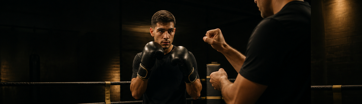 Principiante aprendiendo la guardia de boxeo con un entrenador en el ring