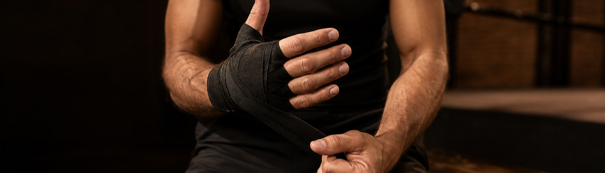 Boxeador coloca una venda para proteger nudillos, mano, pulgar y muñeca