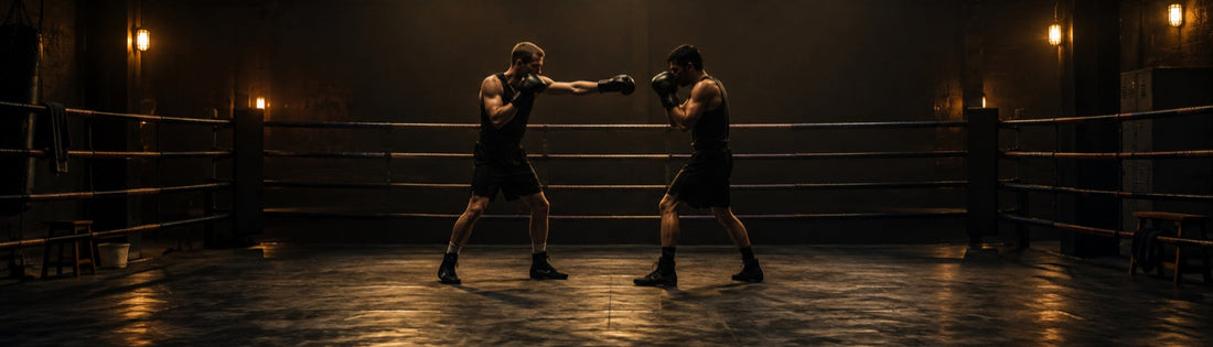Dos boxeadores regulan la distancia con el jab y los pies dentro del ring