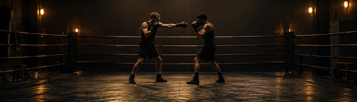 Dos boxeadores regulan la distancia con el jab y los pies dentro del ring