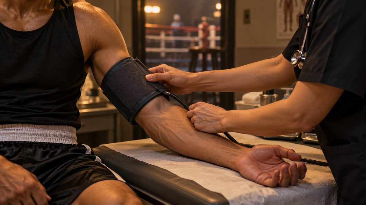 Escena conceptual de un profesional sanitario colocando un manguito de presión arterial en el brazo de un deportista antes de una competición.