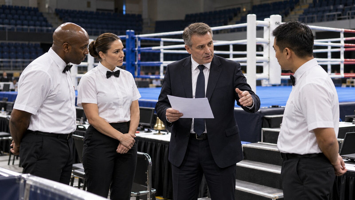 Coordinador ficticio orienta a árbitros y jueces junto al ring antes de una sesión