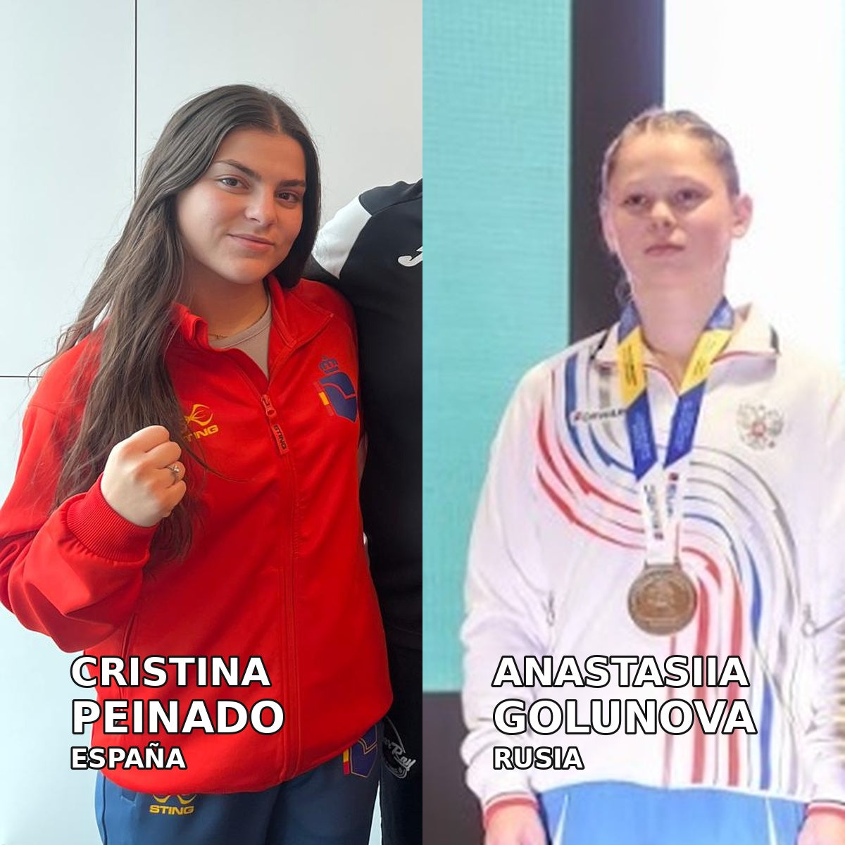 Composición de fotografías de archivo de Cristina Peinado (España), en una imagen de su convocatoria U19 publicada en octubre de 2026, y Anastasiia Golunova (Rusia), con el oro en el podio del Europeo de 2024.