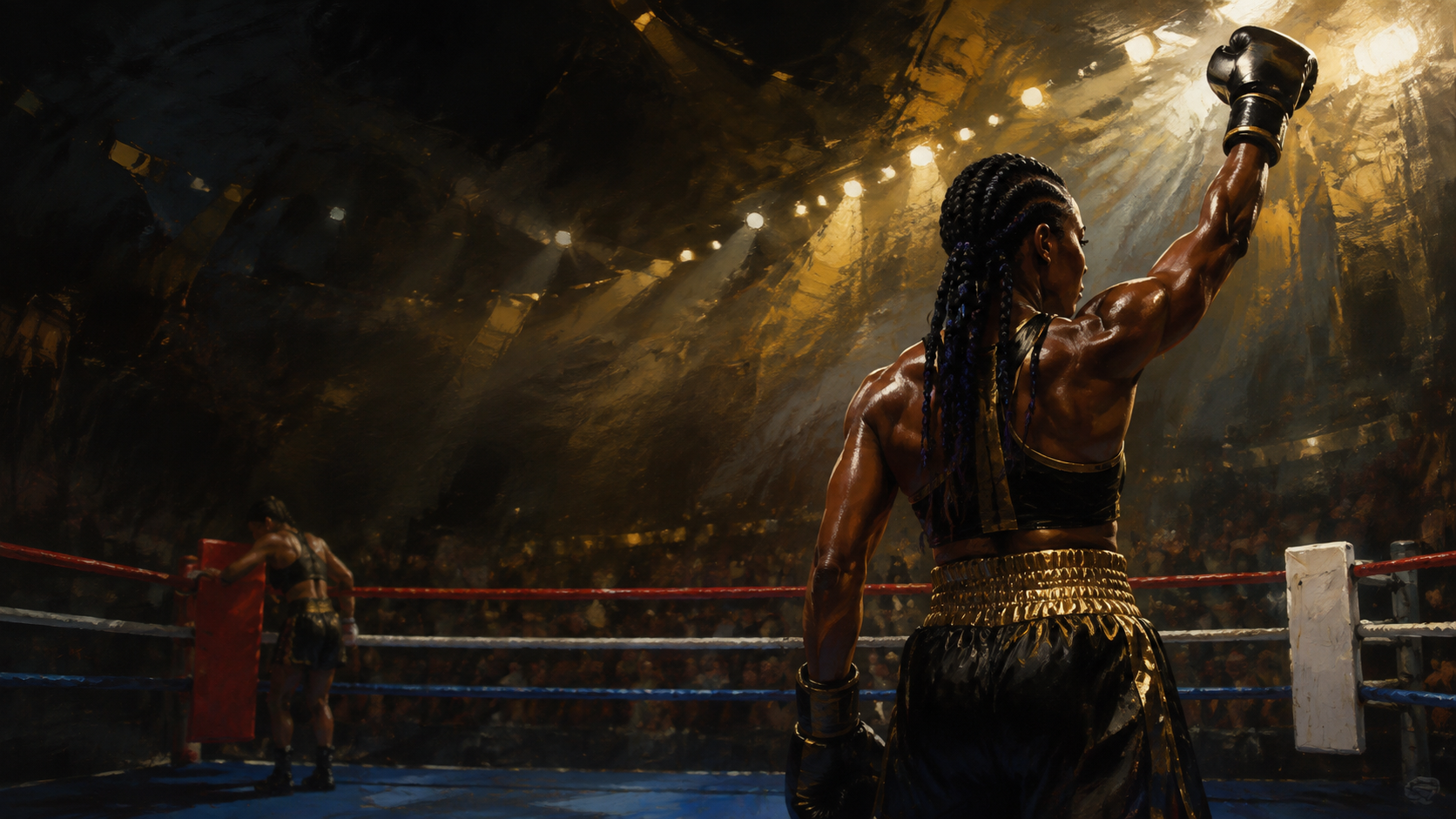 Ilustración editorial de Claressa Shields tras vencer a Kaye Scott en Atlanta
