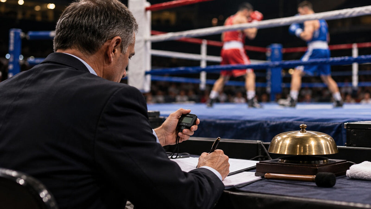 Cronometrador controla el reloj junto a una campana durante un combate de boxeo